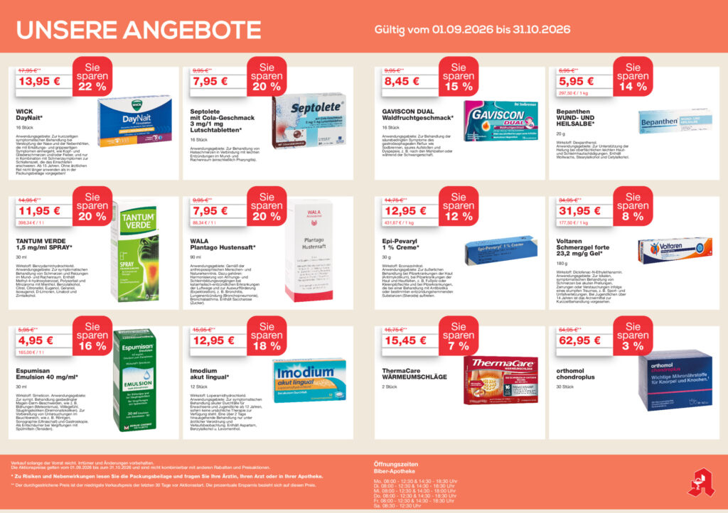 Auflistung der Angebote die von September bis Oktober gültig sind.