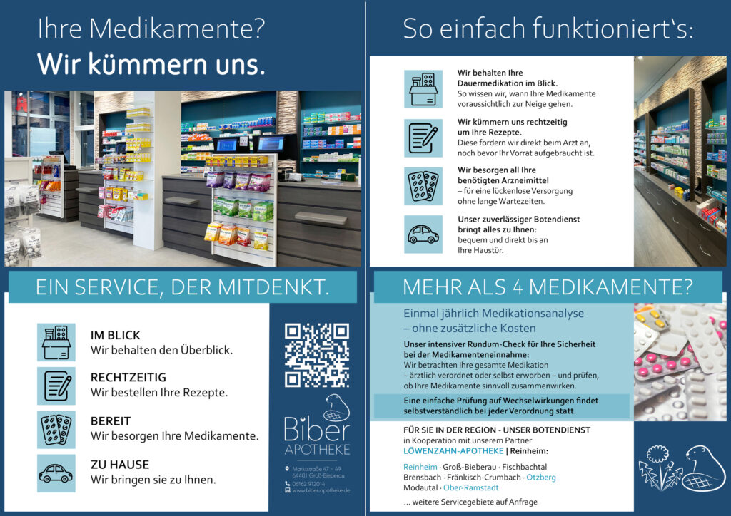 Info-Flyer der Biber Apotheke zum Rezept- und Lieferservice für Dauermedikation mit Hinweisen zur kostenlosen Medikationsanalyse.