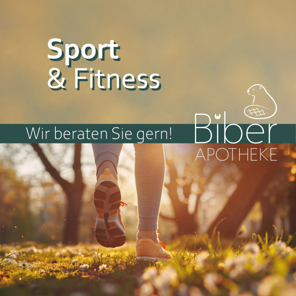 Grafische Werbegrafik der Biber-Apotheke zum Thema „Sport & Fitness“. Im Hintergrund läuft eine Person in Sportschuhen auf einer Wiese im Gegenlicht der Sonne.