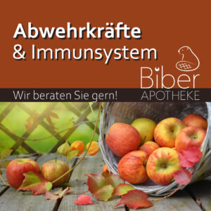 Das Bild zeigt eine Werbung der Biber-Apotheke zum Thema Abwehrkräfte und Immunsystem, untermalt mit einem herbstlichen Motiv aus Äpfeln in einem Korb.