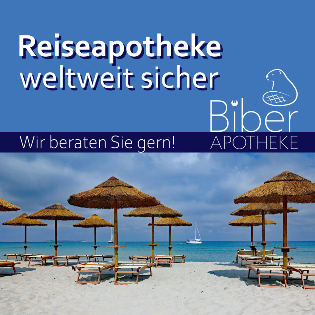 Grafik der Biber-Apotheke zum Thema „Reiseapotheke weltweit sicher“ mit dem Slogan „Wir beraten Sie gern!“ vor einem sonnigen Sandstrand mit Strohschirmen und Liegen.